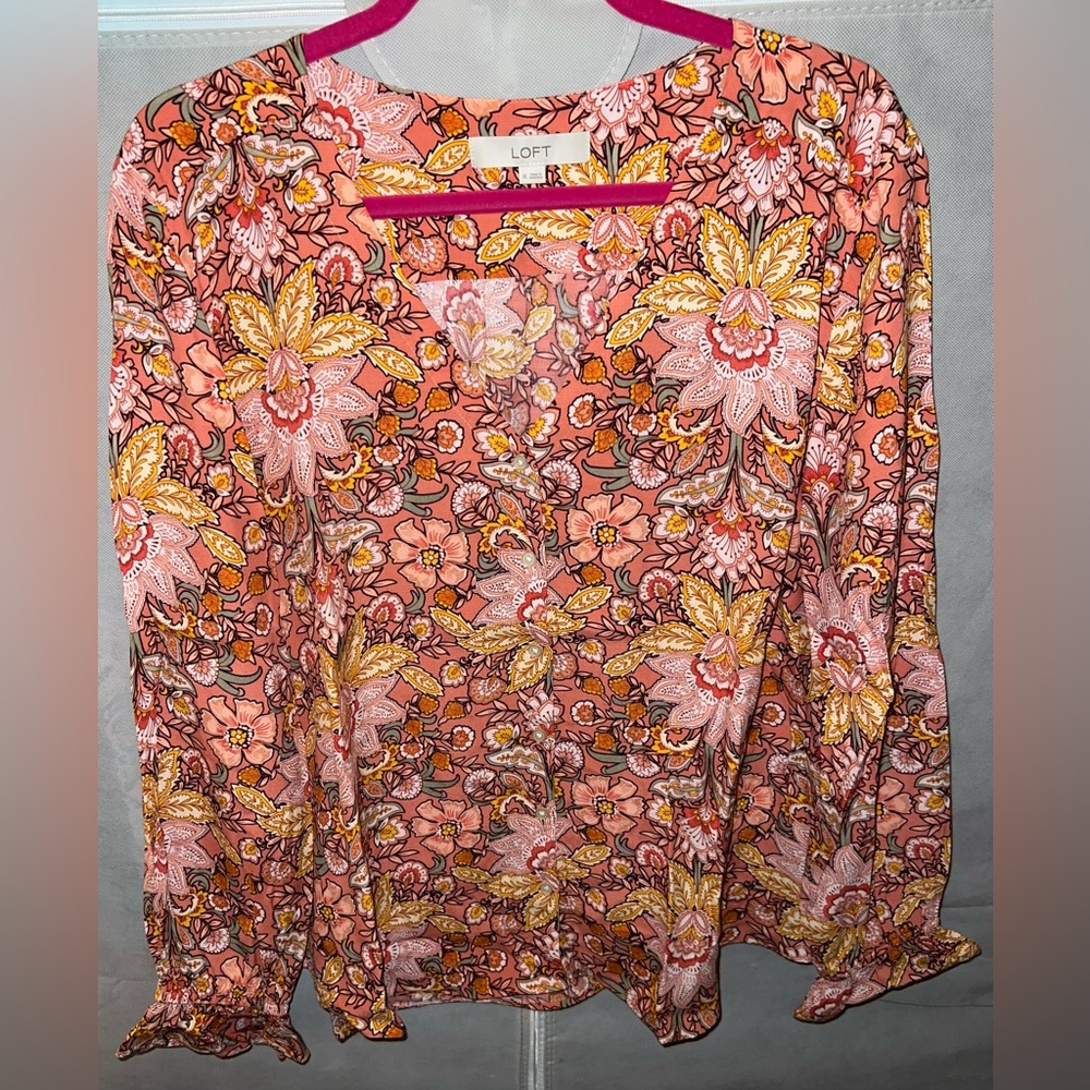 LOFT Peach Floral Long-Sleeve Blouse
